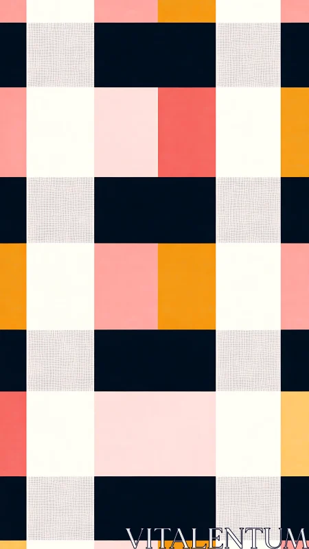 Bold geometric grid balances navy, coral, and mustard blocks.