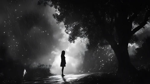 Monochrome nocturnal rainfall with silhouetted child observer.