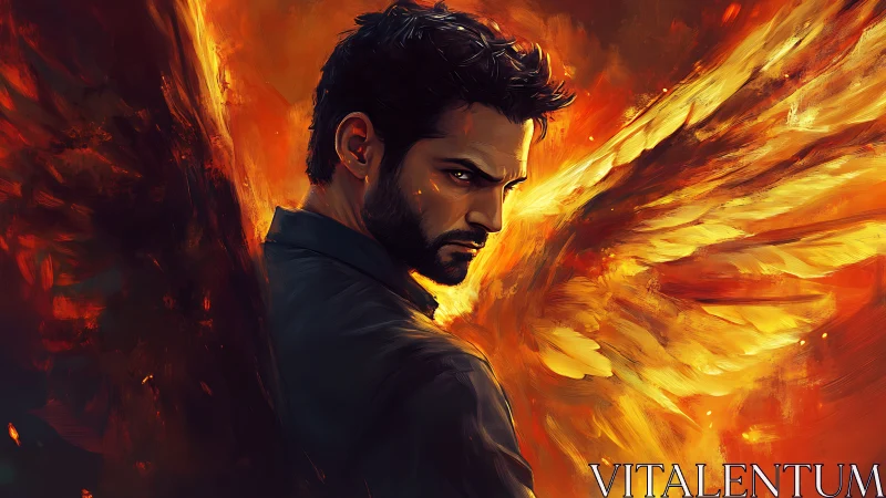 Dark-winged fallen angel turns toward viewer amid fire