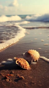 Sunlit seashells near foamy shoreline at low tide.