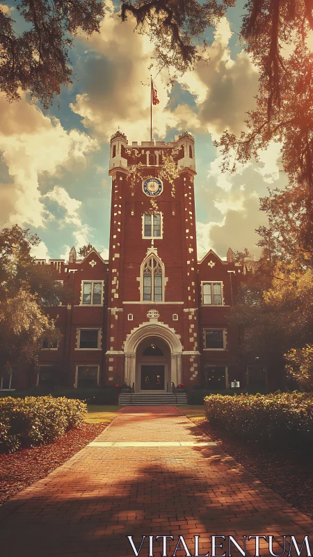 Red brick academic tower stands over sunlit brick path