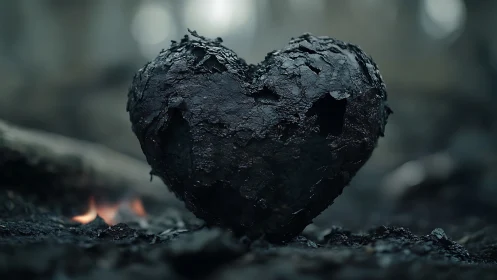 Heart-shaped charcoal form on combustible surface.