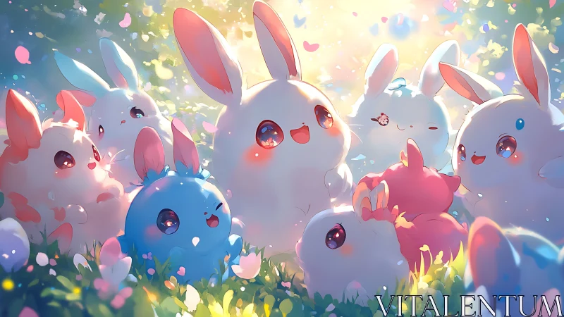 Cute pastel bunnies gathered in a glowing spring meadow.