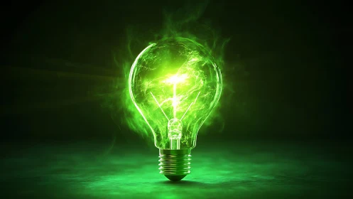 Green luminous light bulb with glowing energy core detail.