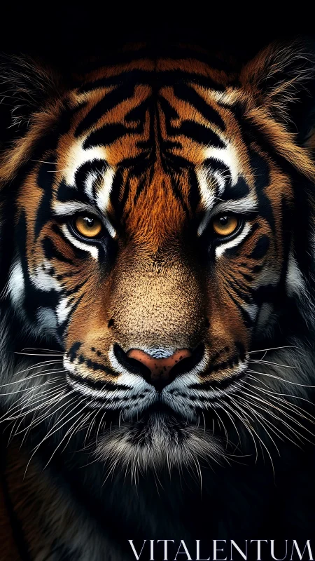 Tiger face close-up with detailed fur and intense gaze.