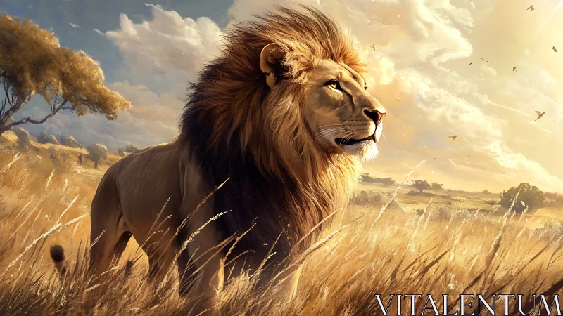 Majestic lion strolling through sunlit golden savanna fields.