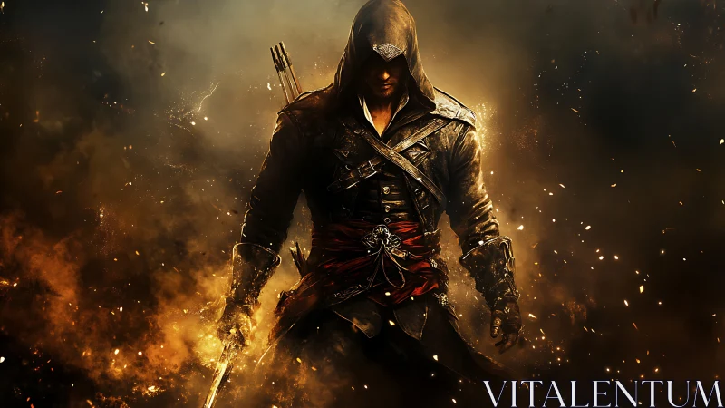 Hooded rogue in ember storm rendered as cinematic digital art