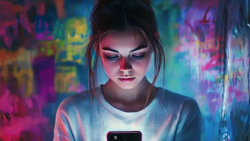 Soft neon glow wraps a thoughtful girl lost in her phone
