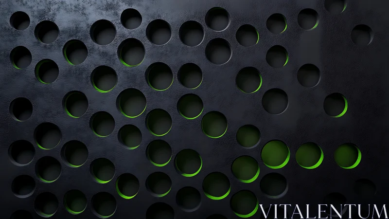 Perforated black metal grid with luminous green voids.