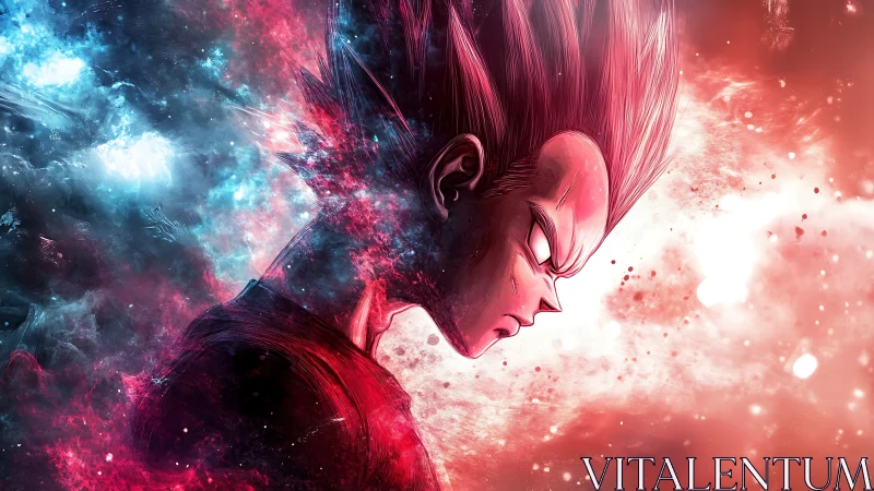 Starlit warrior’s quiet rage in swirling cosmic colors.