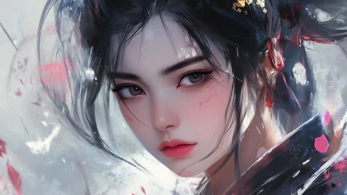 Soft storm of a warrior’s gaze in flowing digital color.