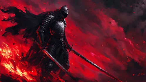Dark armored knight strides through blazing crimson fire