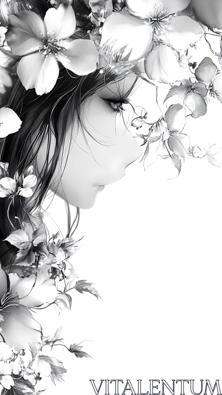 Monochrome floral profile portrait in ethereal negative space.