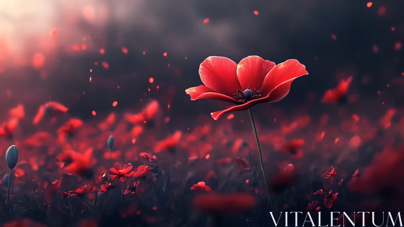 Red Poppies Stand Bold Against Dark Atmospheric Backdrop.