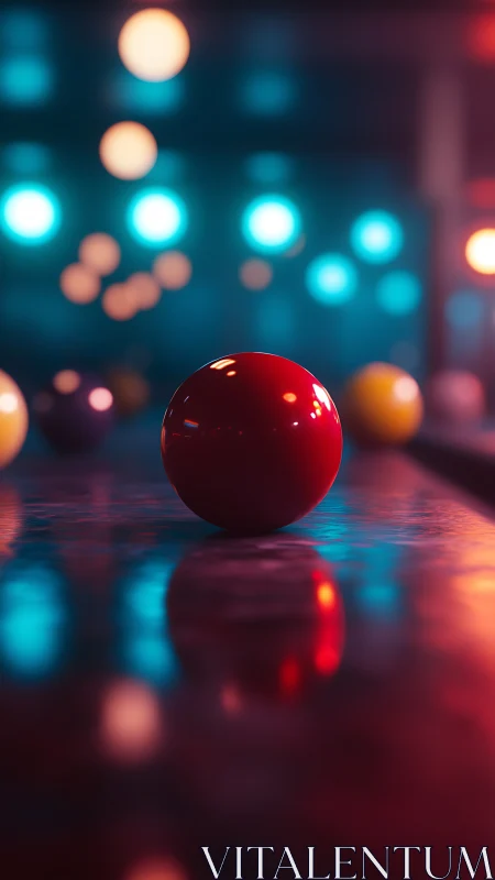 Red billiard ball sits on reflective table with blurred lights