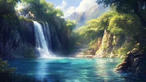 Sunlit cascade and turquoise pool rendered in high-detail digital painting