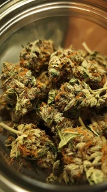 Close-up view highlights frosty dried cannabis buds in jar.