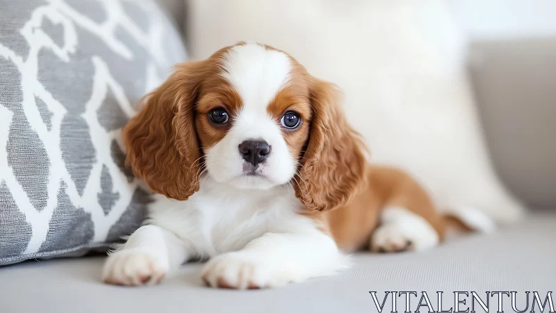 Sweet spaniel puppy relaxing on a cozy living room sofa.