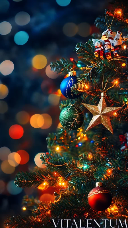 Glowing Christmas tree ornaments in colorful holiday bokeh.