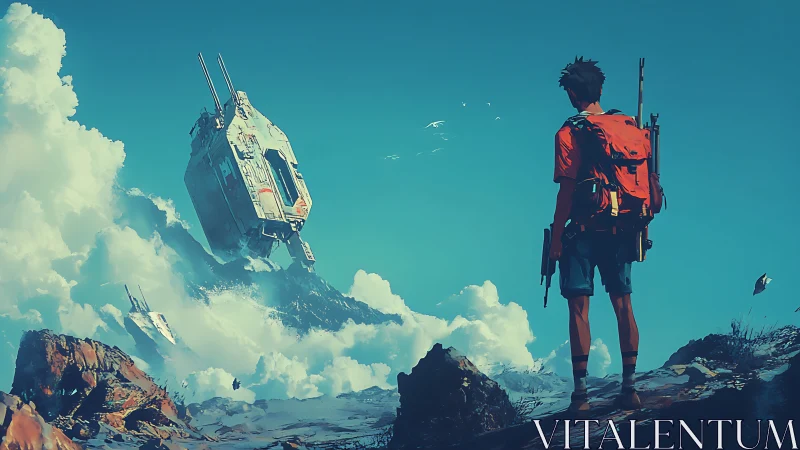 Young explorer quietly studies a drifting skywrecked ship