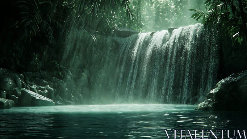 Gentle jungle waterfall pours into a calm emerald pool