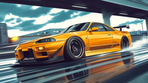 Yellow tuned GTR rendered in dynamic motion blur on wet highway