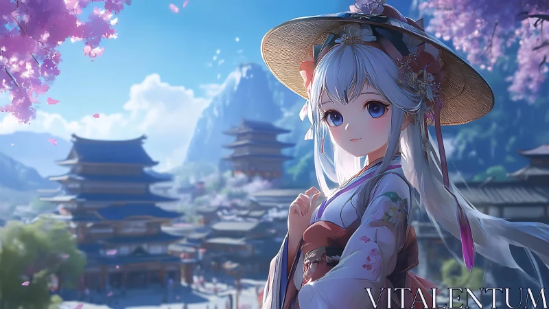 Graceful anime girl enjoys a bright spring day in town