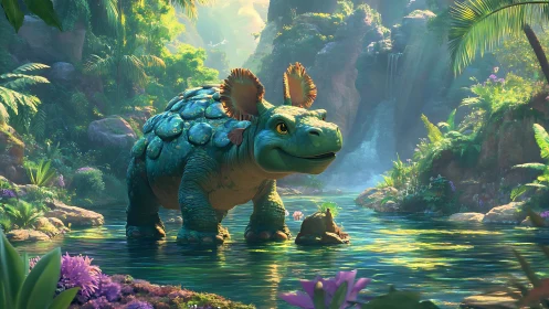 Cheerful dino guardian wades through a gem-bright jungle pool