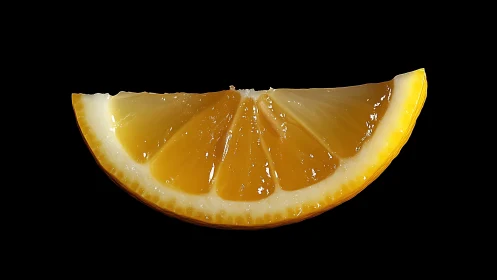 Lemon wedge cross-section is isolated against solid black