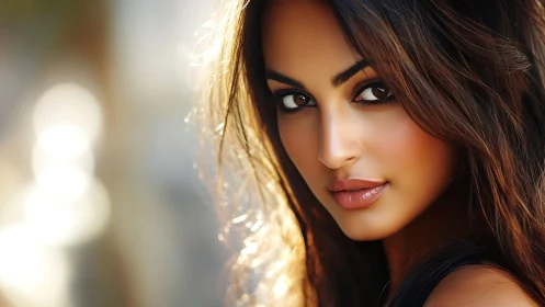Close-up portrait of woman in warm natural sunlight.