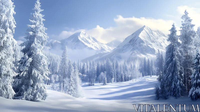 Snow covered conifer forest below distant alpine peaks.