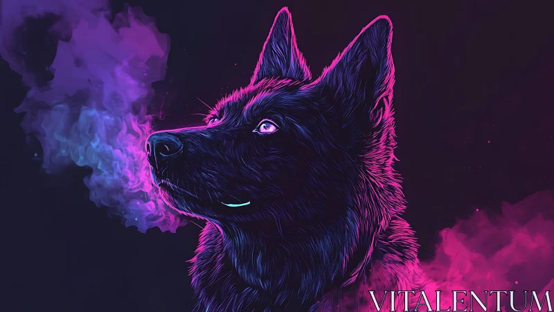 Neon outlined dog profile with colored vapor clouds.