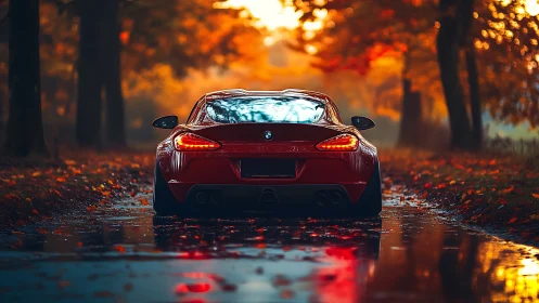 Crimson sports coupe on reflective autumn forest road.