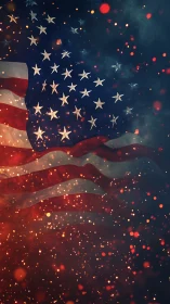 American flag overlay with bokeh sparks and atmospheric haze depth