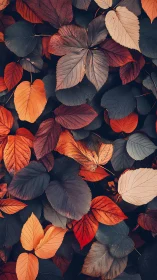 Overlapping autumn foliage with mixed warm and dark tones.