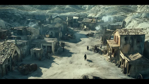 Dusty western frontier town with lone rider entering