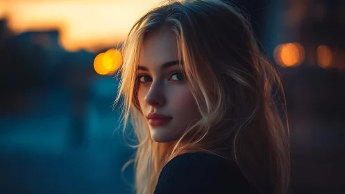 Low light portrait with bokeh-isolated profile at dusk street.