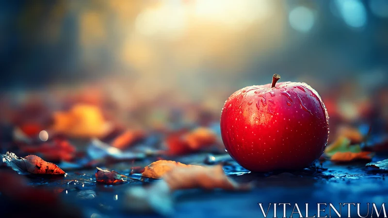 Red apple resting on wet ground among soft autumn leaves.