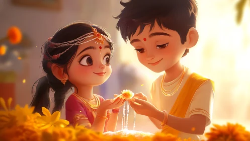 Two children sharing flowers in golden sunlight during festival celebration.