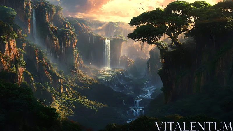 Sunlit waterfalls carve a hidden valley of emerald giants