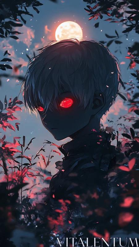 Blood-red gaze beneath moonlit forest canopy at dusk.