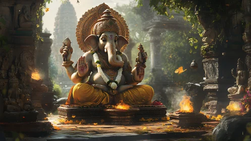 Serene Ganesha statue amid temple ruins and fire altars.