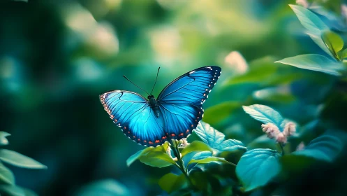 Iridescent blue butterfly resting in softly blurred garden.
