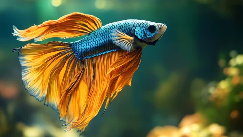 Gliding betta fish with vivid orange fins in soft focus tank.