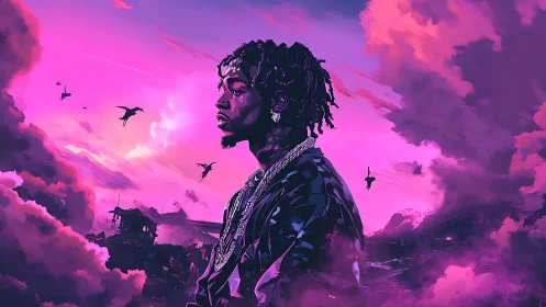 Portrait of man in profile against neon pink cloud sky