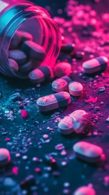 Spilled neon capsules stage a moody nocturnal microcosm