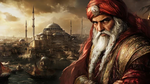 Imperial portrait against Byzantine-inspired harbor skyline.