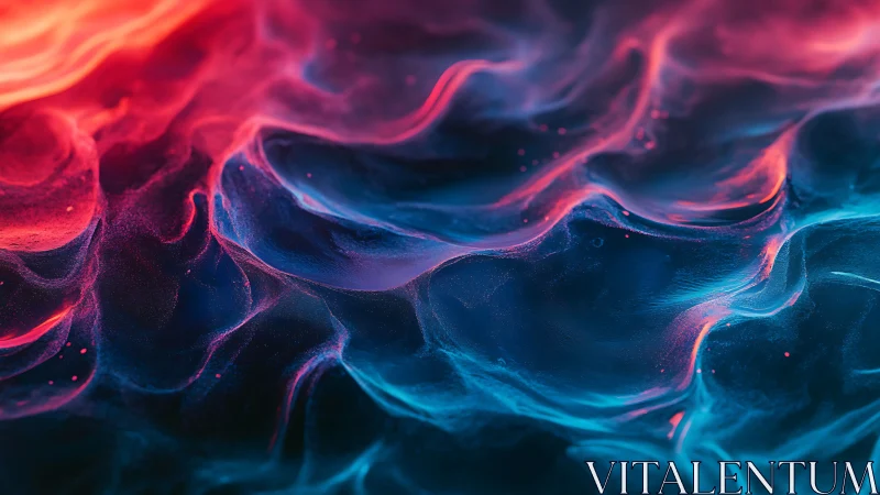 Abstract fluid waves in red and blue luminous gradients.
