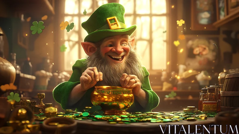 Leprechaun gold-hoard tableau under warm volumetric tavern light.
