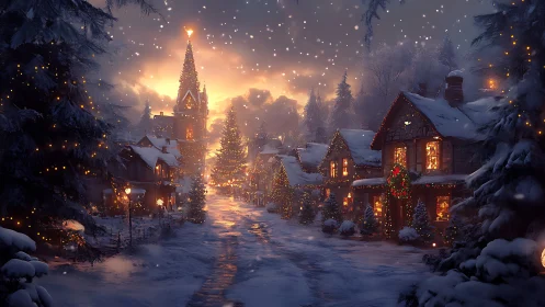 Snowlit Christmas village street under glowing twilight sky.